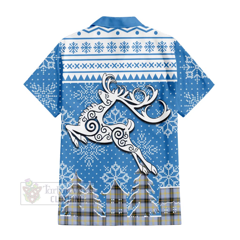 Tartan Vibes Clothing Bell Clan Christmas Short Sleeve Button Shirt Celtic Reindeer Style