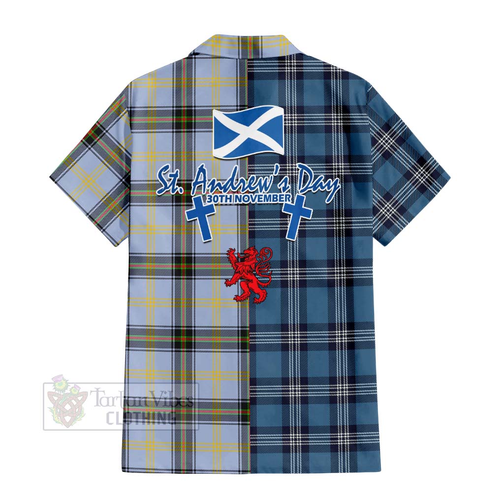 Tartan Vibes Clothing Bell Tartan Short Sleeve Button Shirt Happy St. Andrew's Day Half Tartan Style