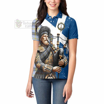 Bell Tartan Women's Polo Shirt with Family Crest Scottish Bagpiper Vibes