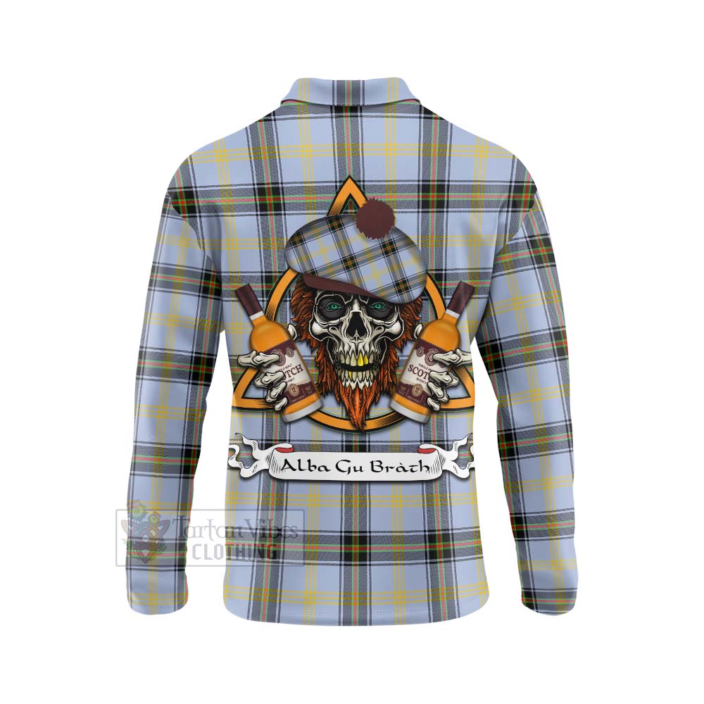 Tartan Vibes Clothing Bell Tartan Long Sleeve Polo Shirt with Family Crest and Bearded Skull Holding Bottles of Whiskey