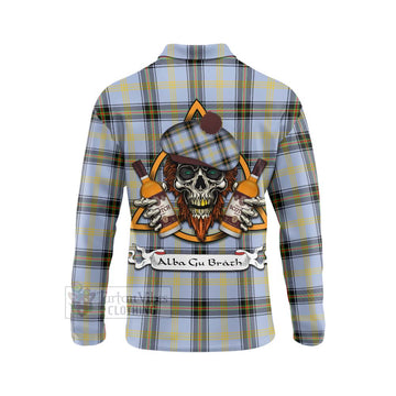 Bell Tartan Long Sleeve Polo Shirt with Family Crest and Bearded Skull Holding Bottles of Whiskey