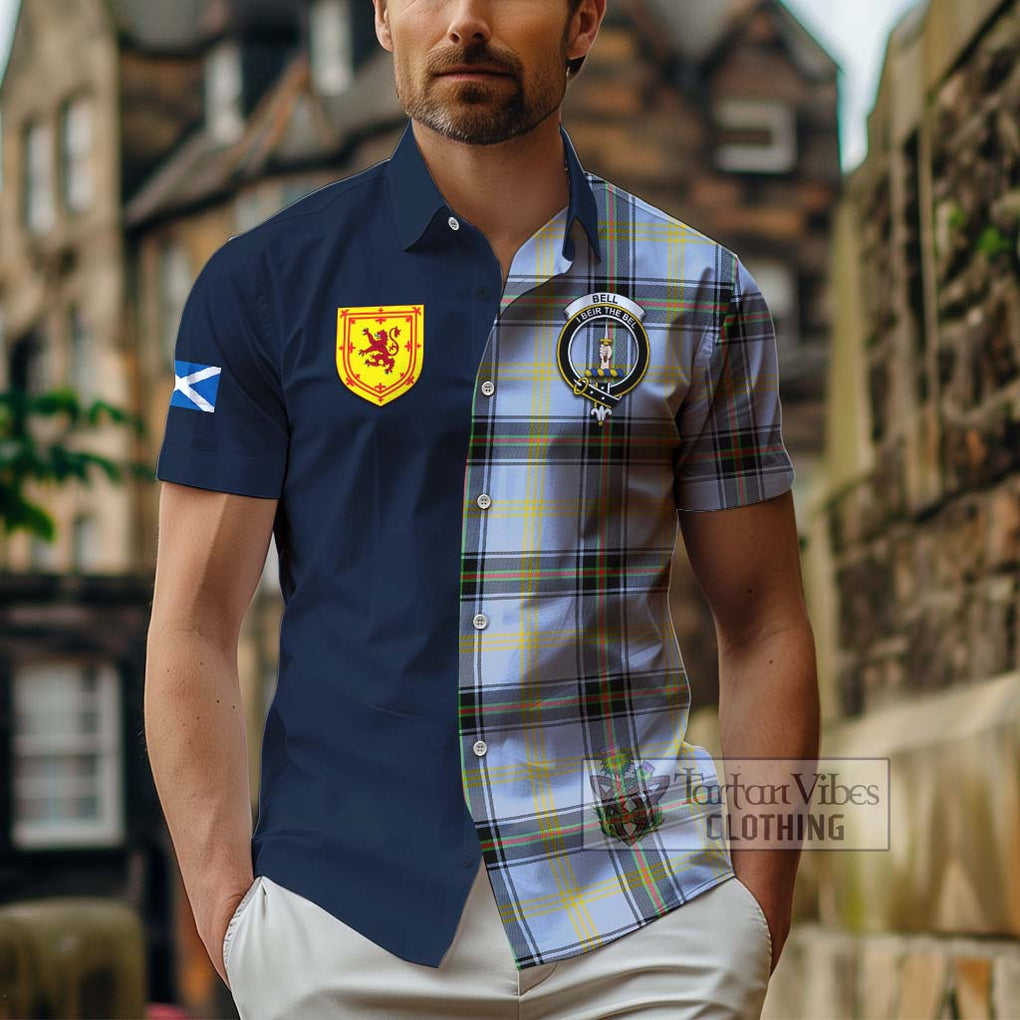 Tartan Vibes Clothing Bell Tartan Short Sleeve Button Shirt with Scottish Lion Royal Arm Half Style