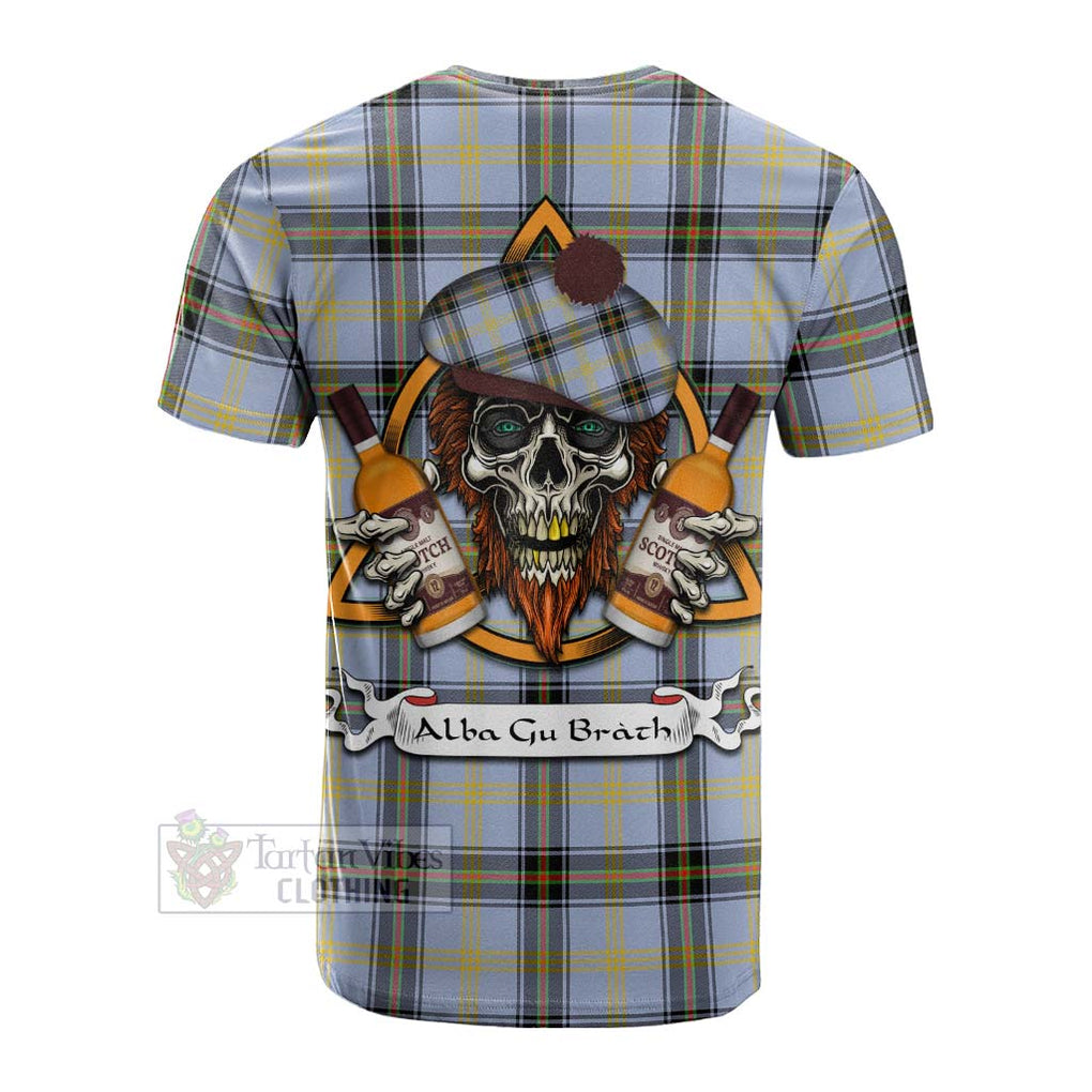 Tartan Vibes Clothing Bell Tartan Cotton T-shirt with Family Crest and Bearded Skull Holding Bottles of Whiskey