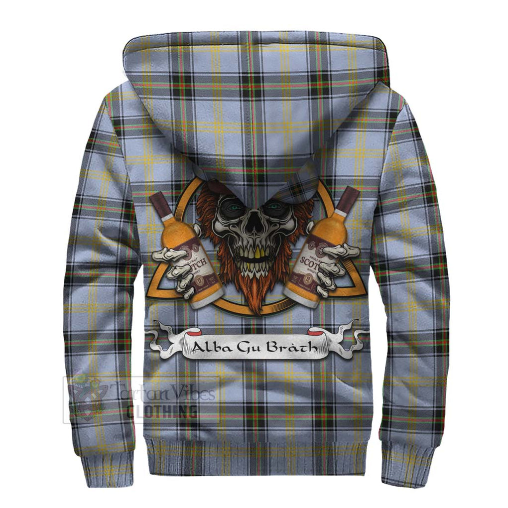 Tartan Vibes Clothing Bell Tartan Sherpa Hoodie with Family Crest and Bearded Skull Holding Bottles of Whiskey