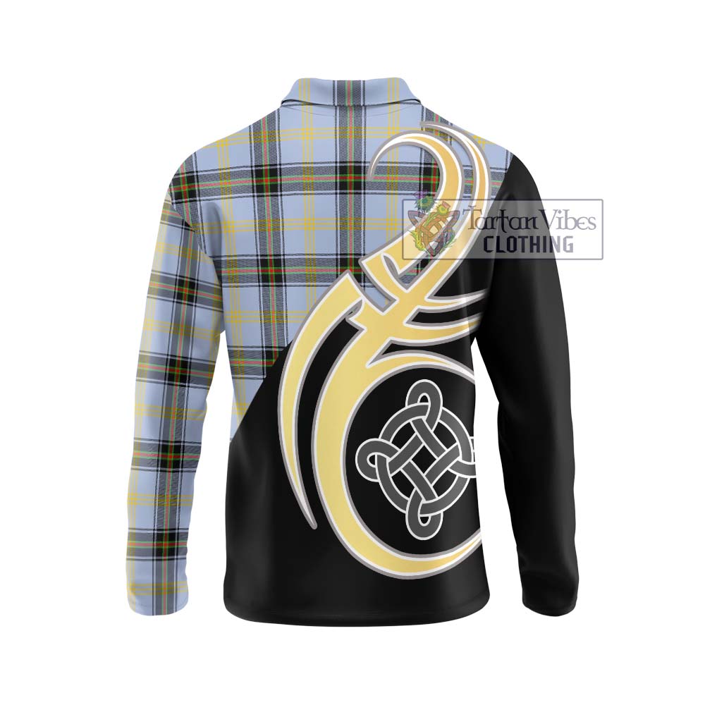 Bell Tartan Long Sleeve Polo Shirt with Family Crest and Celtic Symbol Style - Tartan Vibes Clothing