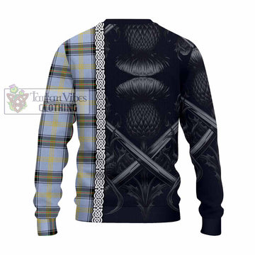 Bell Tartan Knitted Sweater with Family Crest Cross Sword Thistle Celtic Vibes