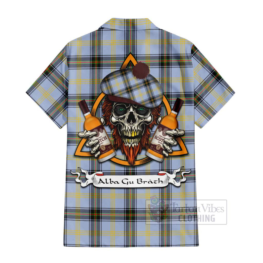 Tartan Vibes Clothing Bell Tartan Short Sleeve Button Shirt with Family Crest and Bearded Skull Holding Bottles of Whiskey