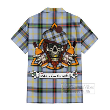 Bell Tartan Short Sleeve Button Shirt with Family Crest and Bearded Skull Holding Bottles of Whiskey