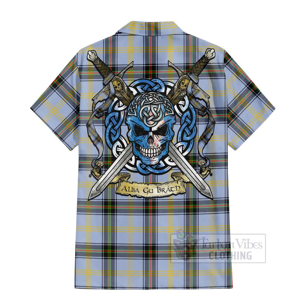 Tartan Vibes Clothing Bell Tartan Short Sleeve Button Shirt with Family Crest Celtic Skull Style