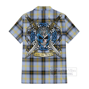 Bell Tartan Short Sleeve Button Shirt with Family Crest Celtic Skull Style