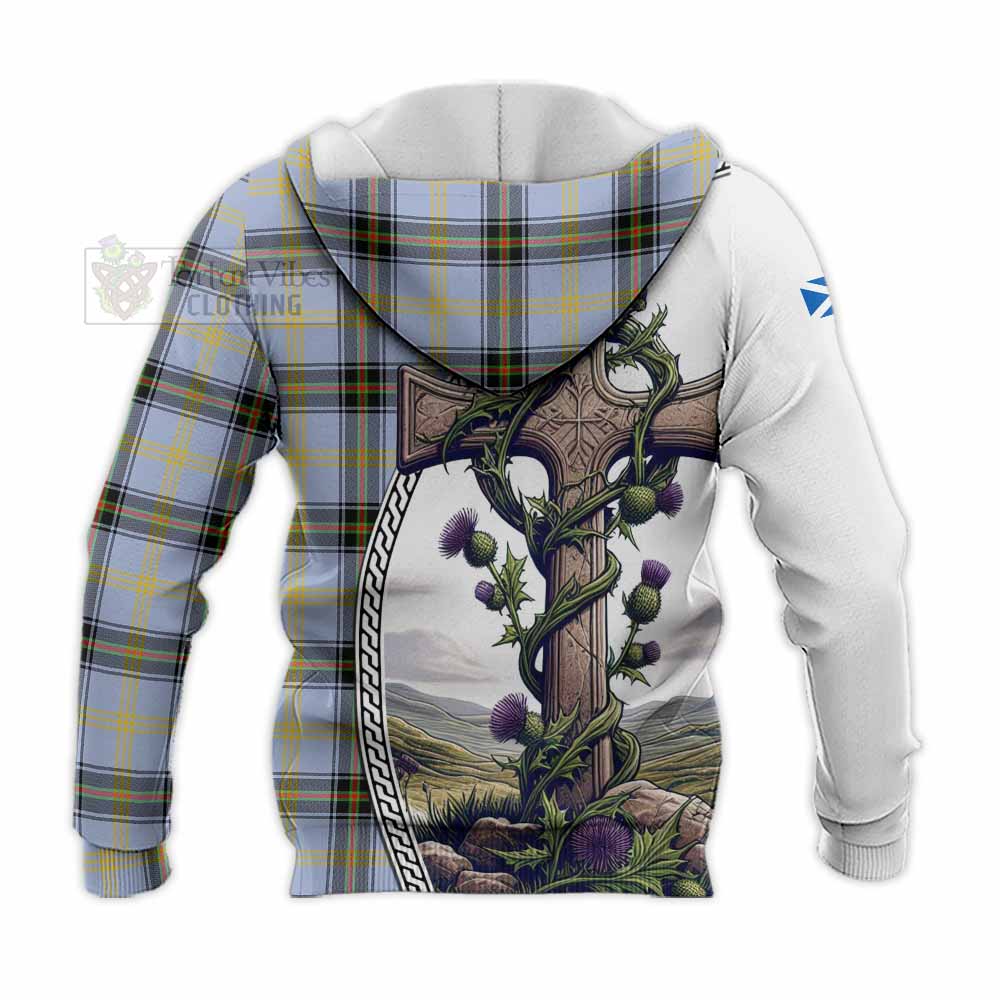 Tartan Vibes Clothing Bell Tartan Knitted Hoodie with Family Crest and St. Andrew's Cross Accented by Thistle Vines