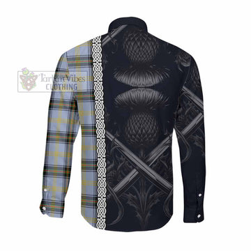 Bell Tartan Long Sleeve Button Shirt with Family Crest Cross Sword Thistle Celtic Vibes