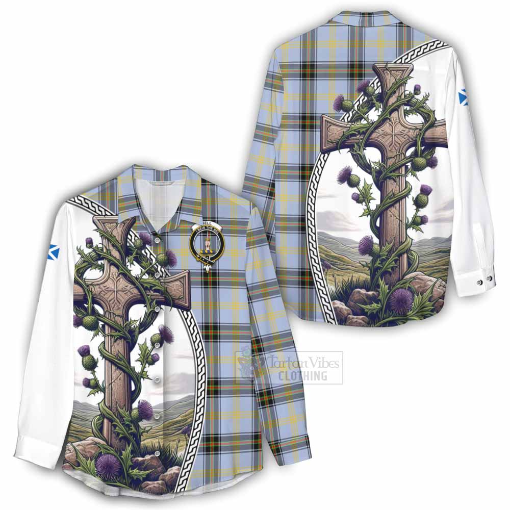 Tartan Vibes Clothing Bell Tartan Women's Casual Shirt with Family Crest and St. Andrew's Cross Accented by Thistle Vines