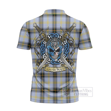 Bell Tartan Zipper Polo Shirt with Family Crest Celtic Skull Style