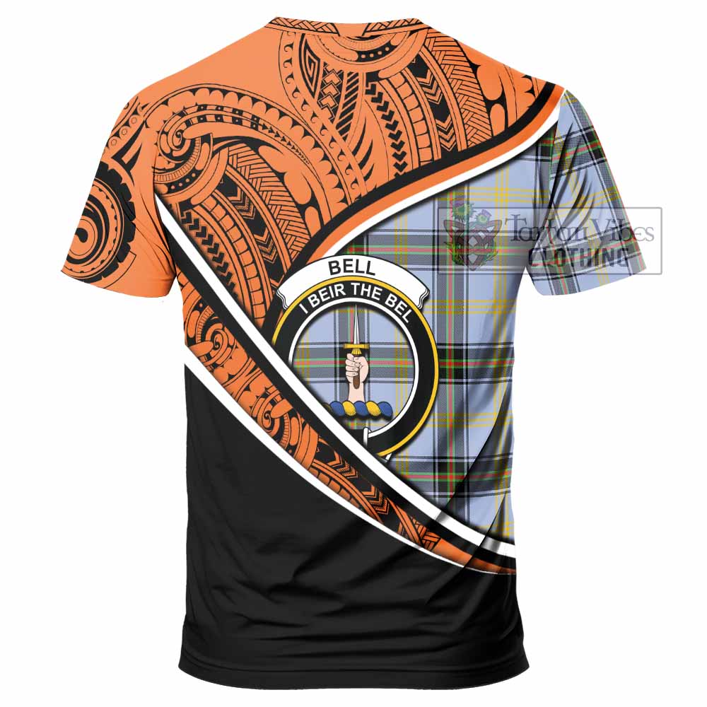 Tartan Vibes Clothing Bell Crest Tartan T-Shirt with Maori Tattoo Style - Orange Version