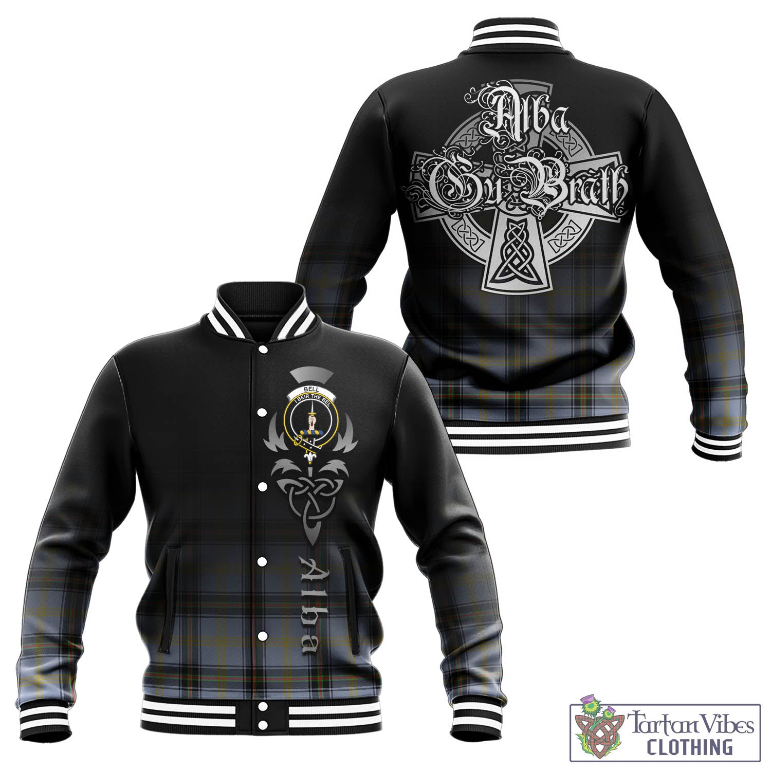 Tartan Vibes Clothing Bell Tartan Baseball Jacket Featuring Alba Gu Brath Family Crest Celtic Inspired