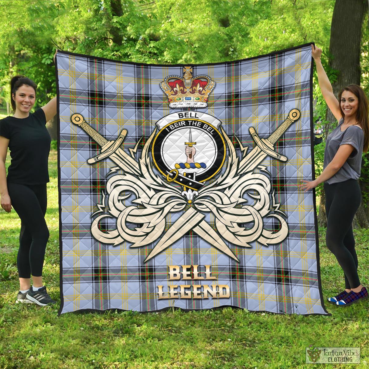 Tartan Vibes Clothing Bell Tartan Quilt with Clan Crest and the Golden Sword of Courageous Legacy