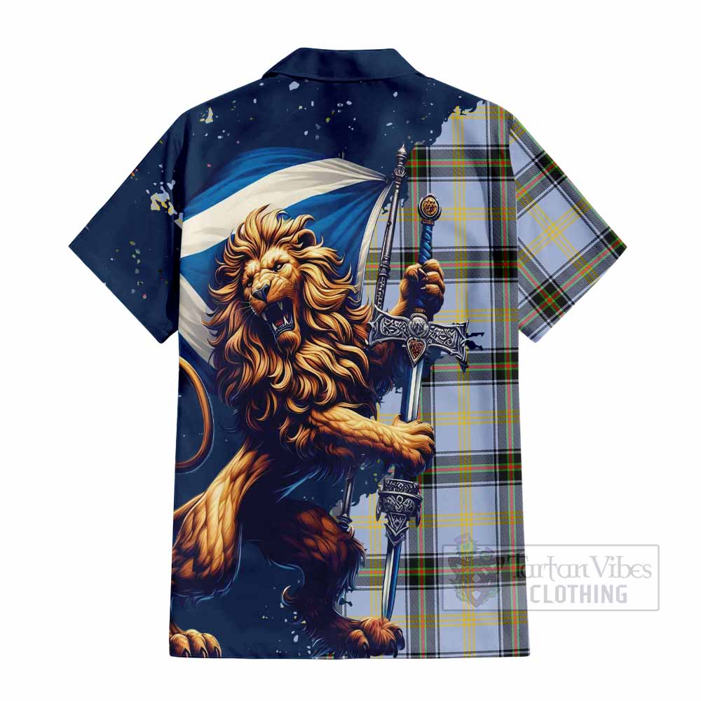 Tartan Vibes Clothing Bell Tartan Family Crest Short Sleeve Button Shirt with Scottish Majestic Lion