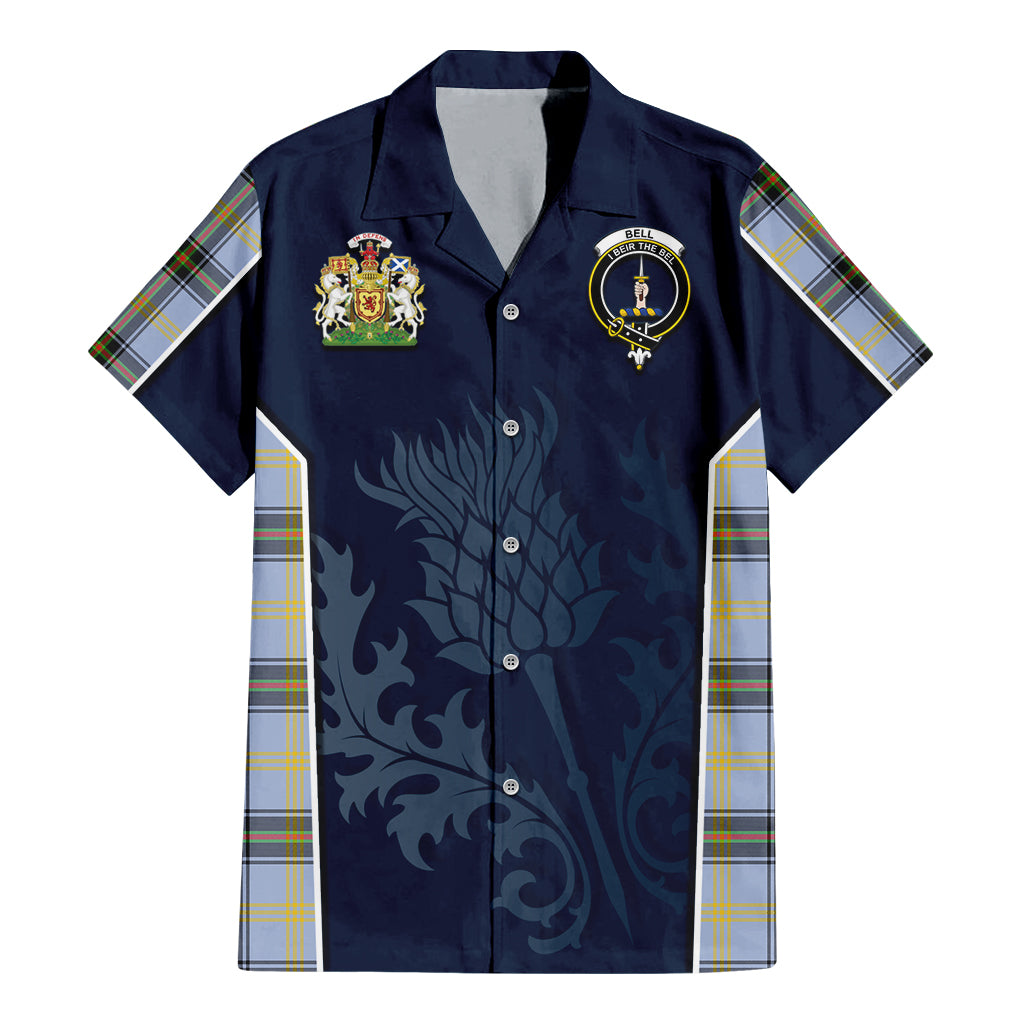 Tartan Vibes Clothing Bell Tartan Short Sleeve Button Up Shirt with Family Crest and Scottish Thistle Vibes Sport Style