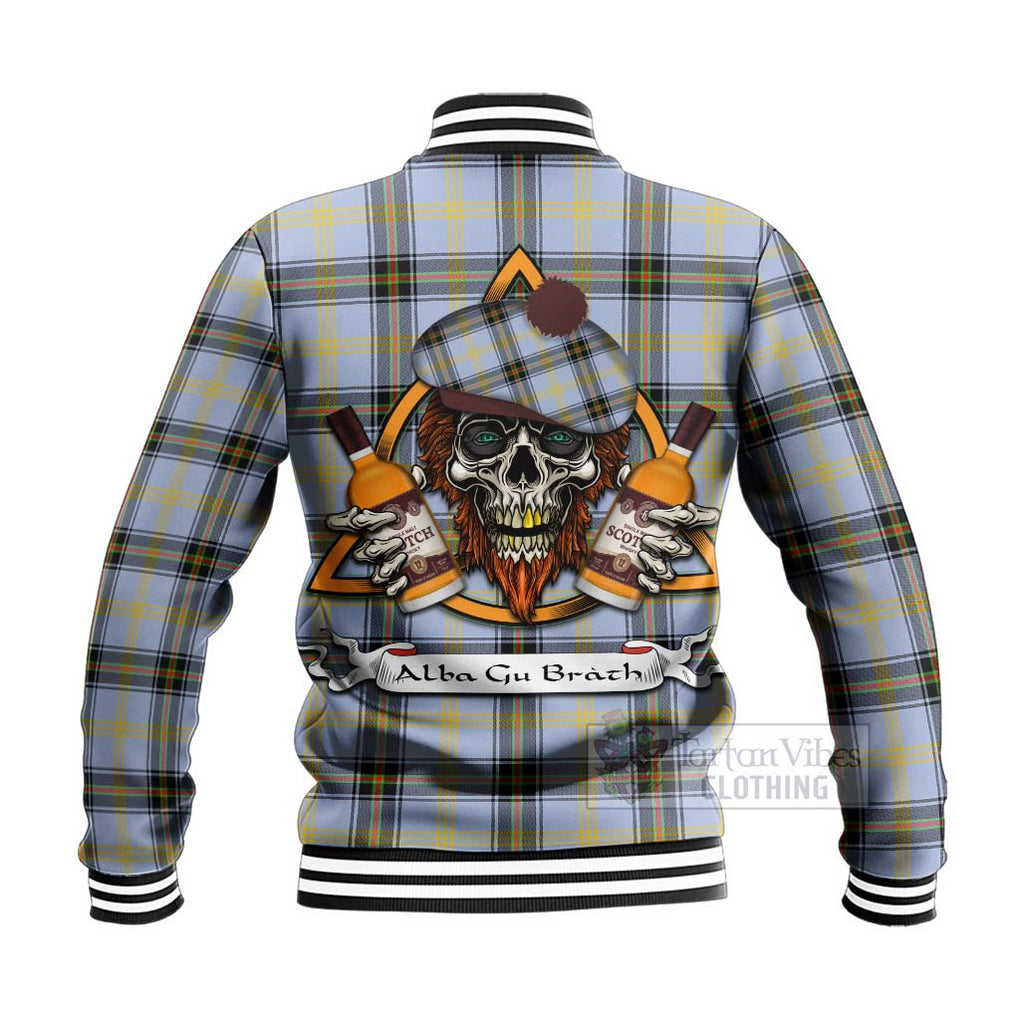 Tartan Vibes Clothing Bell Tartan Baseball Jacket with Family Crest and Bearded Skull Holding Bottles of Whiskey