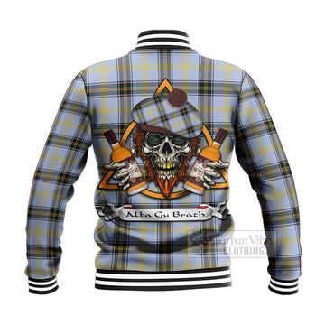 Bell Tartan Baseball Jacket with Family Crest and Bearded Skull Holding Bottles of Whiskey