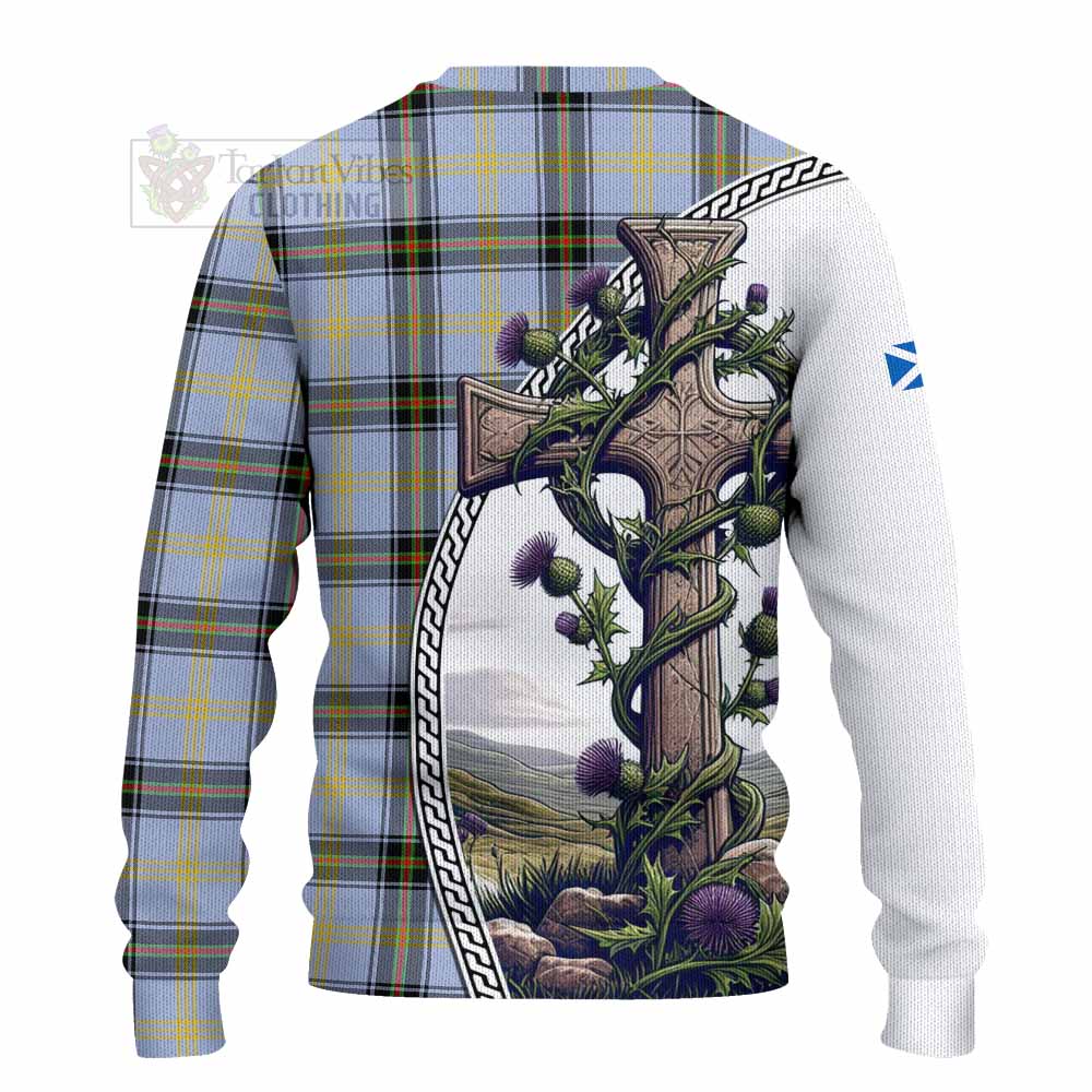 Bell Tartan Knitted Sweater with Family Crest and St. Andrew's Cross Accented by Thistle Vines - Tartan Vibes Clothing