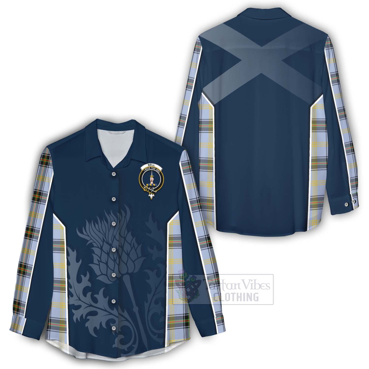 Tartan Vibes Clothing Bell Tartan Women's Casual Shirt with Family Crest and Scottish Thistle Vibes Sport Style