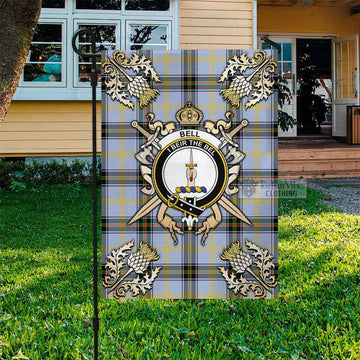 Bell Tartan Flag with Family Crest and Golden Thistle Crossed Sword Design