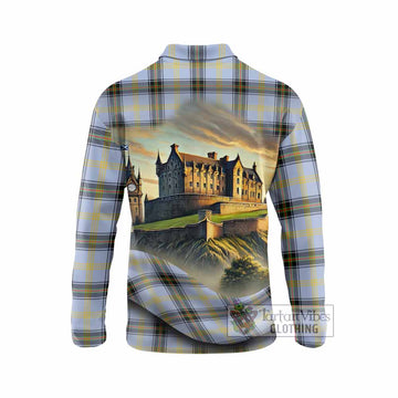 Bell Tartan Family Crest Long Sleeve Polo Shirt with Scottish Ancient Castle Style - Tartan Vibes Clothing