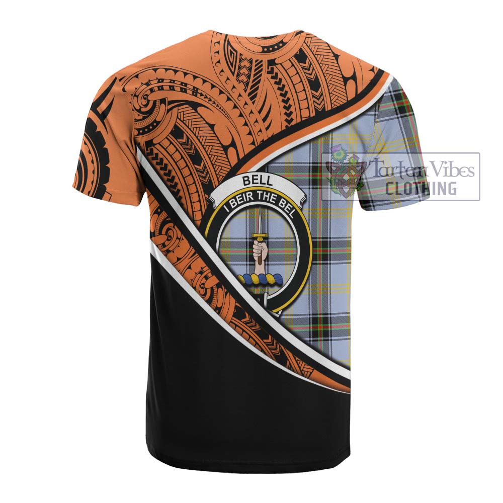 Tartan Vibes Clothing Bell Crest Tartan Cotton T-shirt with Maori Tattoo Style - Orange Version