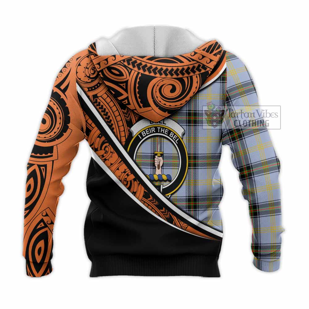 Tartan Vibes Clothing Bell Crest Tartan Knitted Hoodie with Maori Tattoo Style - Orange Version