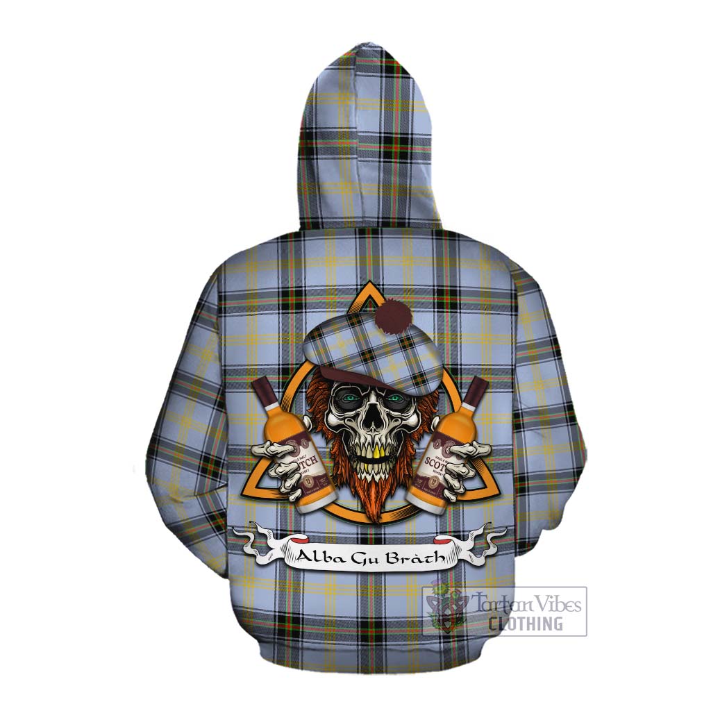 Tartan Vibes Clothing Bell Tartan Cotton Hoodie with Family Crest and Bearded Skull Holding Bottles of Whiskey