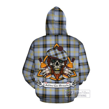 Bell Tartan Cotton Hoodie with Family Crest and Bearded Skull Holding Bottles of Whiskey