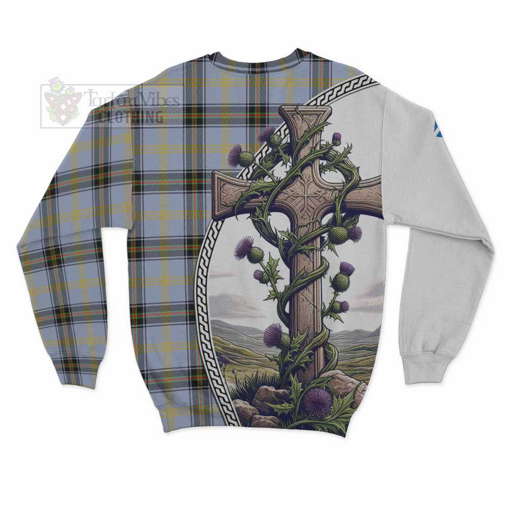 Tartan Vibes Clothing Bell Tartan Sweatshirt with Family Crest and St. Andrew's Cross Accented by Thistle Vines