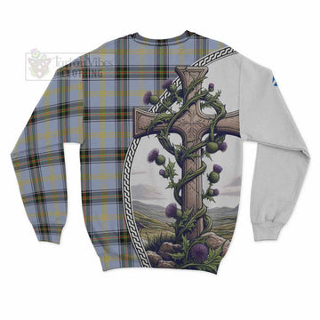 Bell Tartan Sweatshirt with Family Crest and St. Andrew's Cross Accented by Thistle Vines