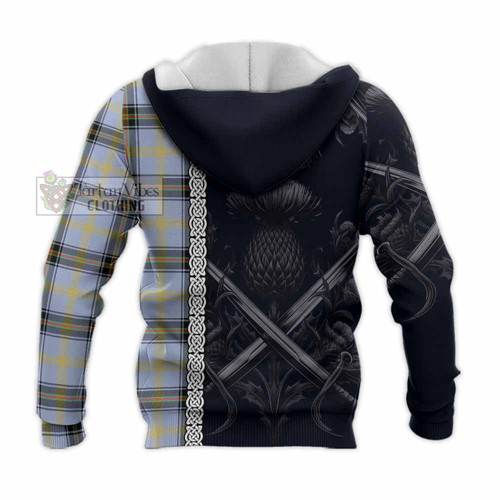 Bell Tartan Knitted Hoodie with Family Crest Cross Sword Thistle Celtic Vibes - Tartan Vibes Clothing