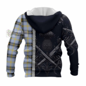 Bell Tartan Knitted Hoodie with Family Crest Cross Sword Thistle Celtic Vibes