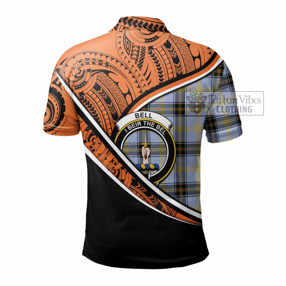 Tartan Vibes Clothing Bell Crest Tartan Polo Shirt with Maori Tattoo Style - Orange Version