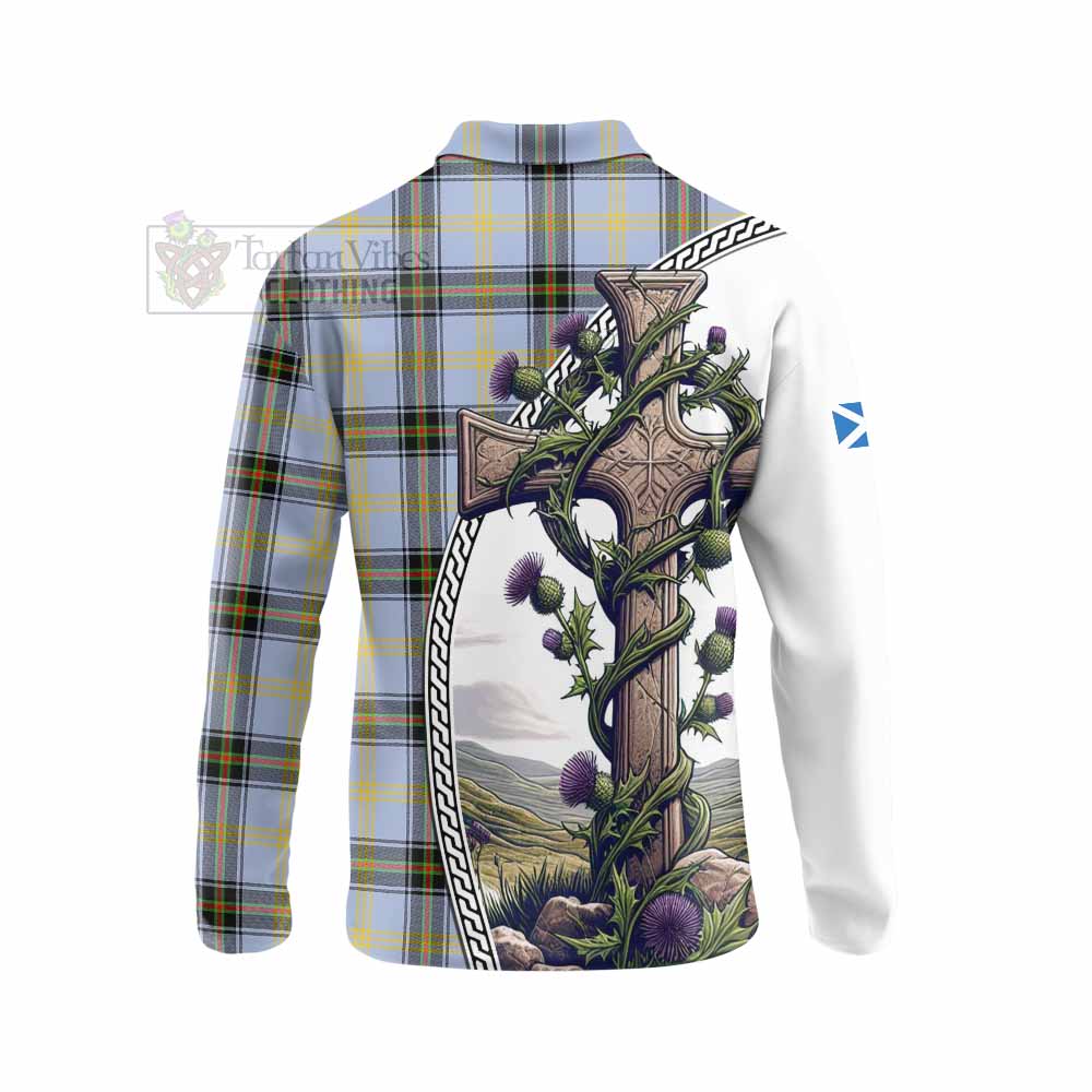 Tartan Vibes Clothing Bell Tartan Long Sleeve Polo Shirt with Family Crest and St. Andrew's Cross Accented by Thistle Vines