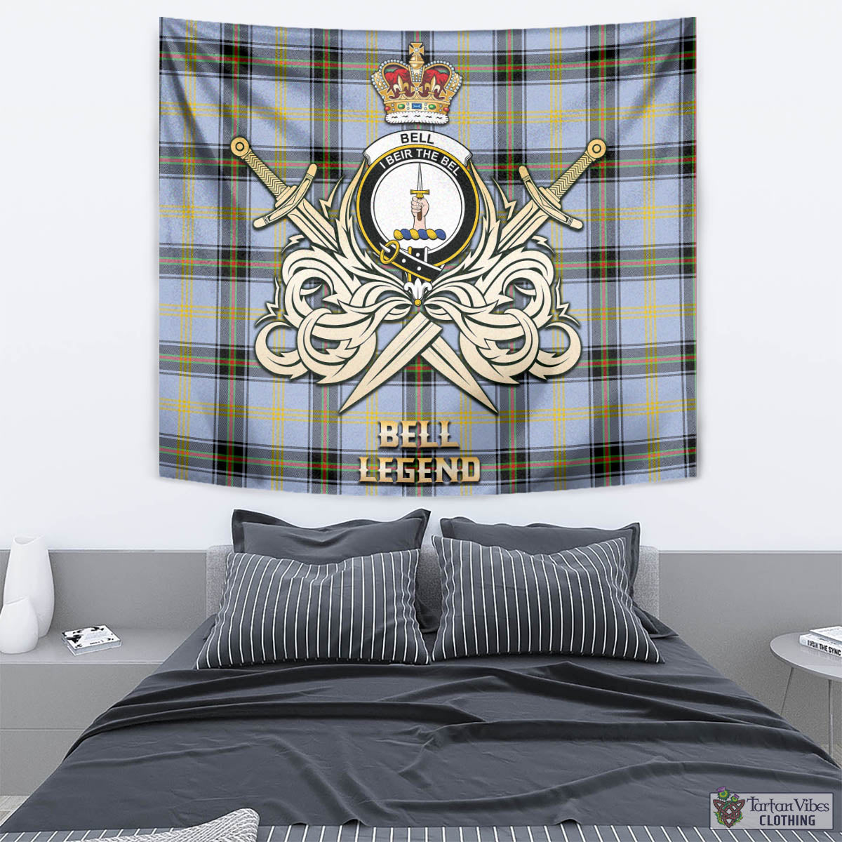 Tartan Vibes Clothing Bell Tartan Tapestry with Clan Crest and the Golden Sword of Courageous Legacy