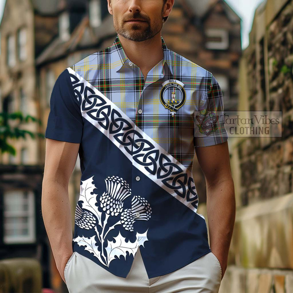 Tartan Vibes Clothing Bell Tartan Short Sleeve Button Shirt Featuring Thistle and Scotland Map