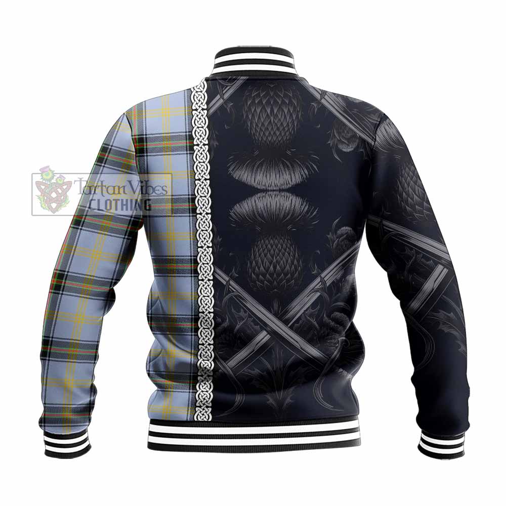 Bell Tartan Baseball Jacket with Family Crest Cross Sword Thistle Celtic Vibes - Tartan Vibes Clothing