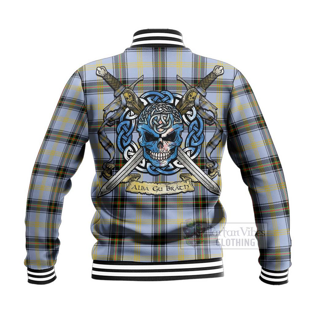 Tartan Vibes Clothing Bell Tartan Baseball Jacket with Family Crest Celtic Skull Style