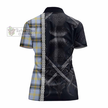 Bell Tartan Women's Polo Shirt with Family Crest Cross Sword Thistle Celtic Vibes