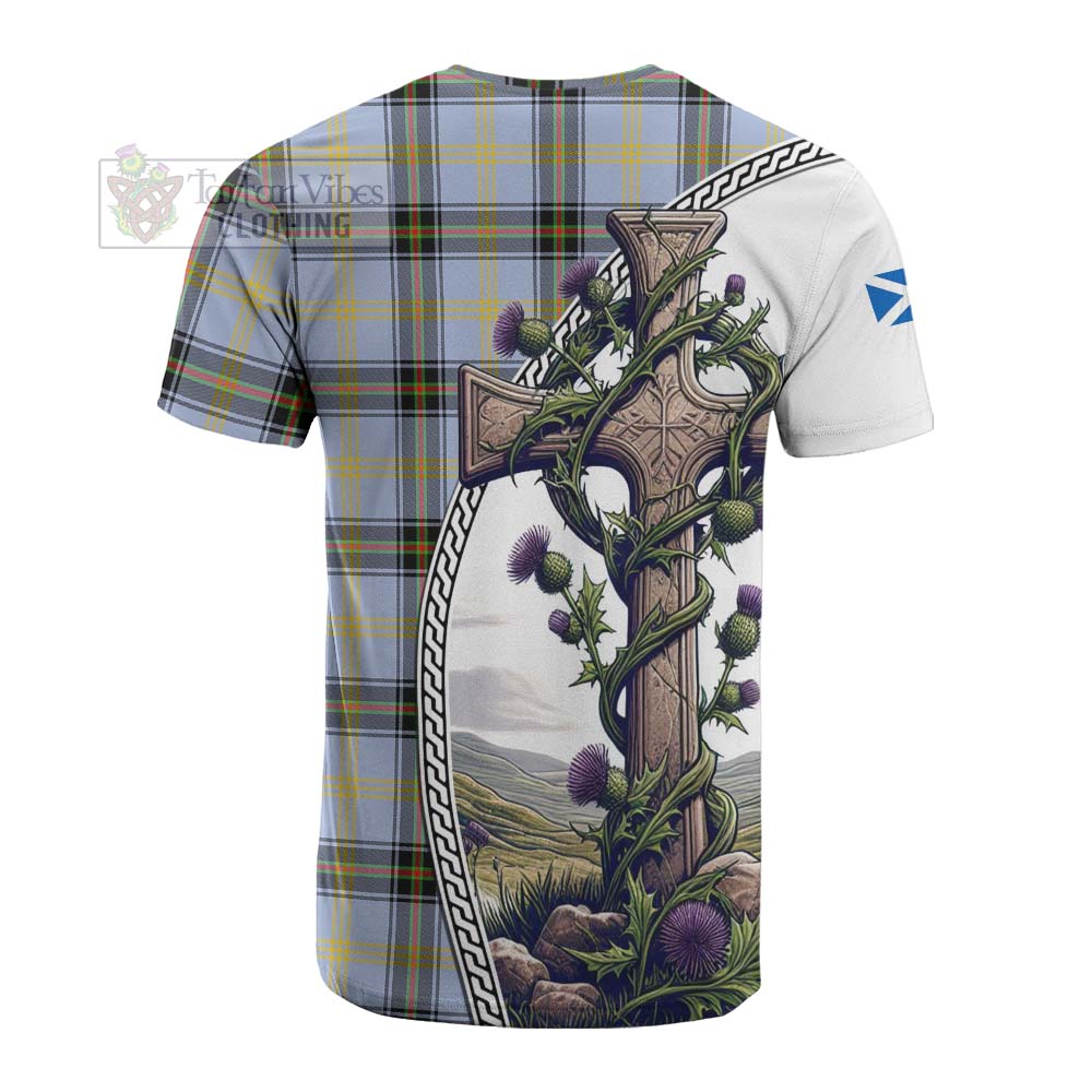 Tartan Vibes Clothing Bell Tartan Cotton T-shirt with Family Crest and St. Andrew's Cross Accented by Thistle Vines