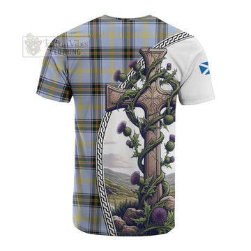 Bell Tartan Cotton T-shirt with Family Crest and St. Andrew's Cross Accented by Thistle Vines