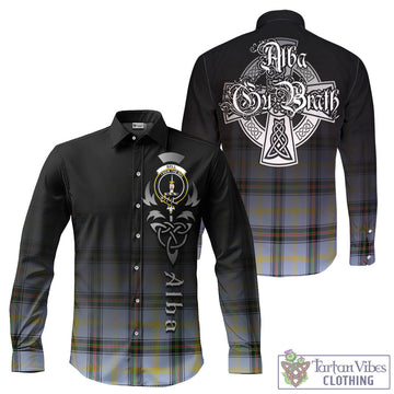 Bell Tartan Long Sleeve Button Up Featuring Alba Gu Brath Family Crest Celtic Inspired