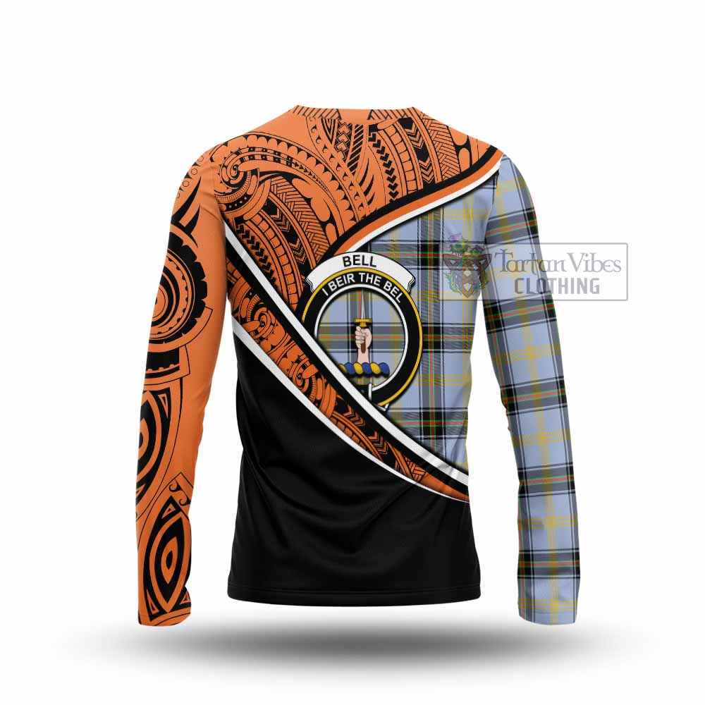 Tartan Vibes Clothing Bell Crest Tartan Long Sleeve T-Shirt with Maori Tattoo Style - Orange Version