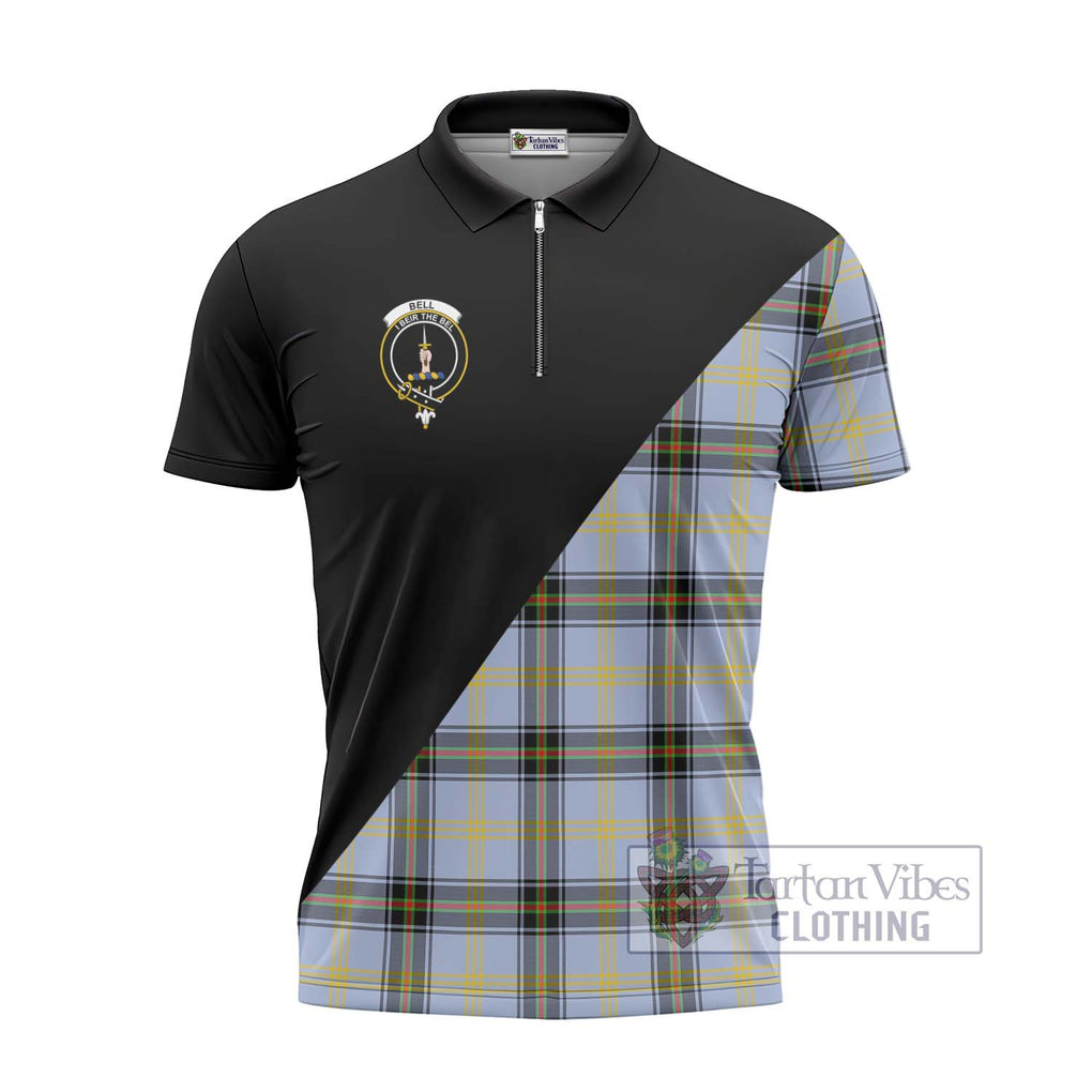 Bell Tartan Zipper Polo Shirt with Family Crest and Military Logo Style - Tartanvibesclothing Shop