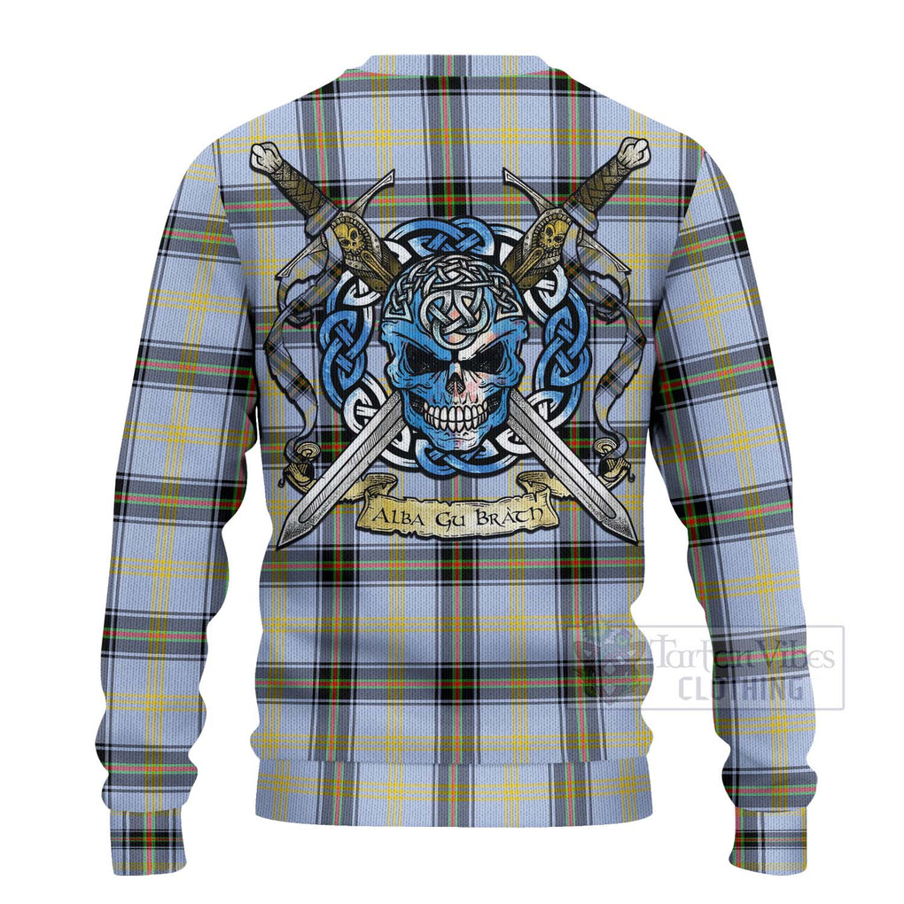 Tartan Vibes Clothing Bell Tartan Knitted Sweater with Family Crest Celtic Skull Style